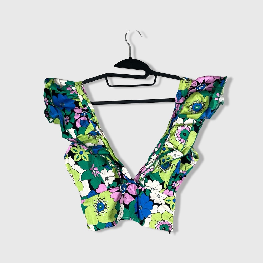 Vintage Petalo USA Floral Print V Neck Ruffle Crop Top Womens M Boho Retro Y2K